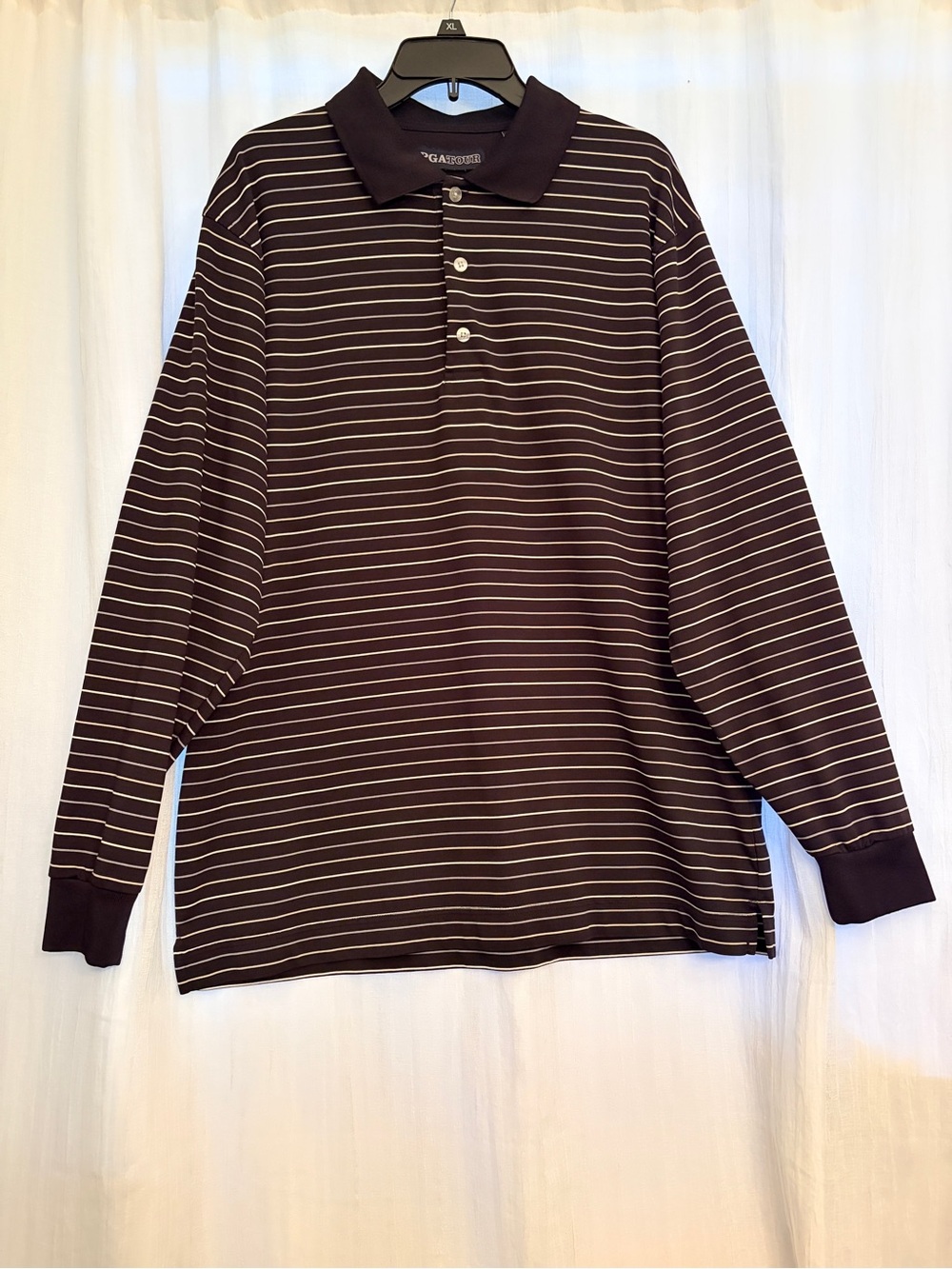 PGA Tour Long-Sleeve Brown and White Stripe Polo